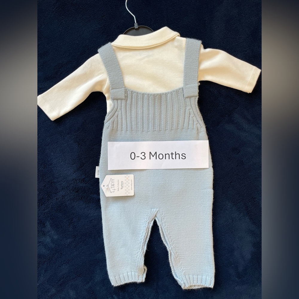 NEW! Baby Blue Knit Overalls with Cream Shirt Set - Picture 2 of 3